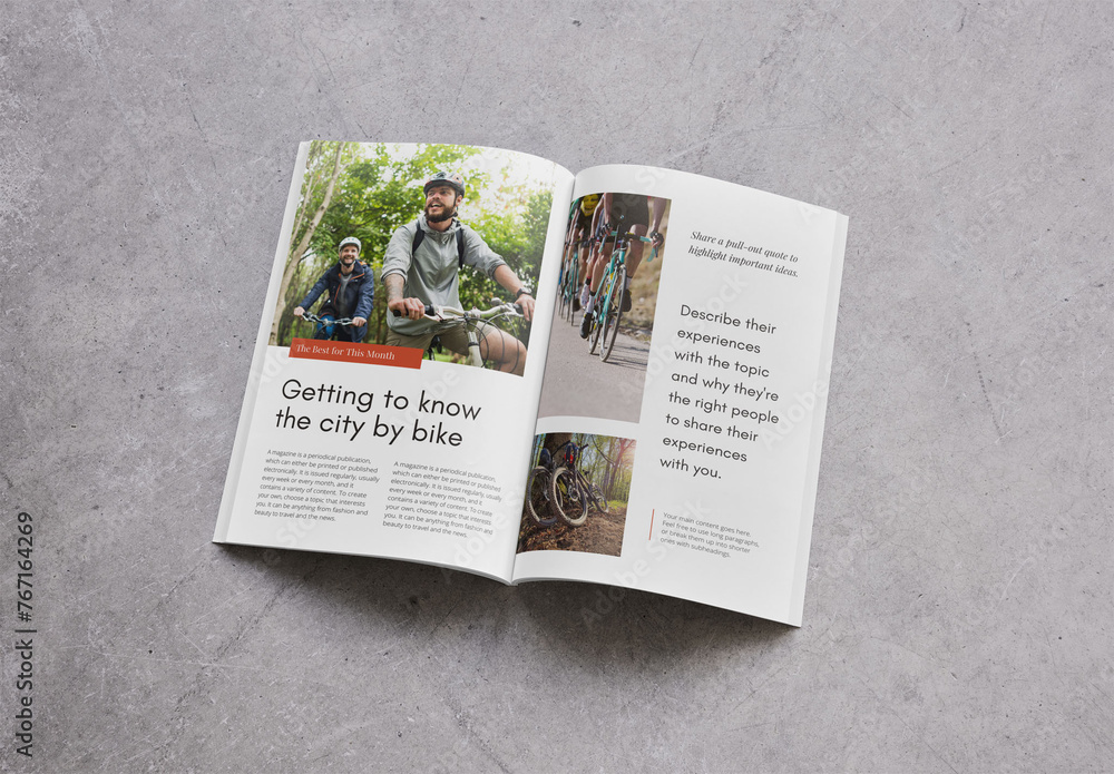Mockup of open customizable A4 open magazine Stock Template | Adobe Stock