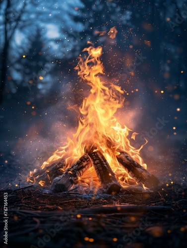 Campfire professional photo, glowing particles, fire in the night