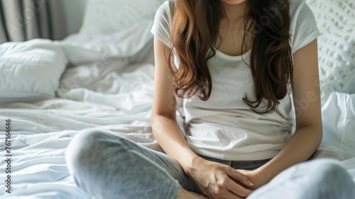 Hurt asian woman, stomach ache. PMS premenstrual. Health problem Inflammation.