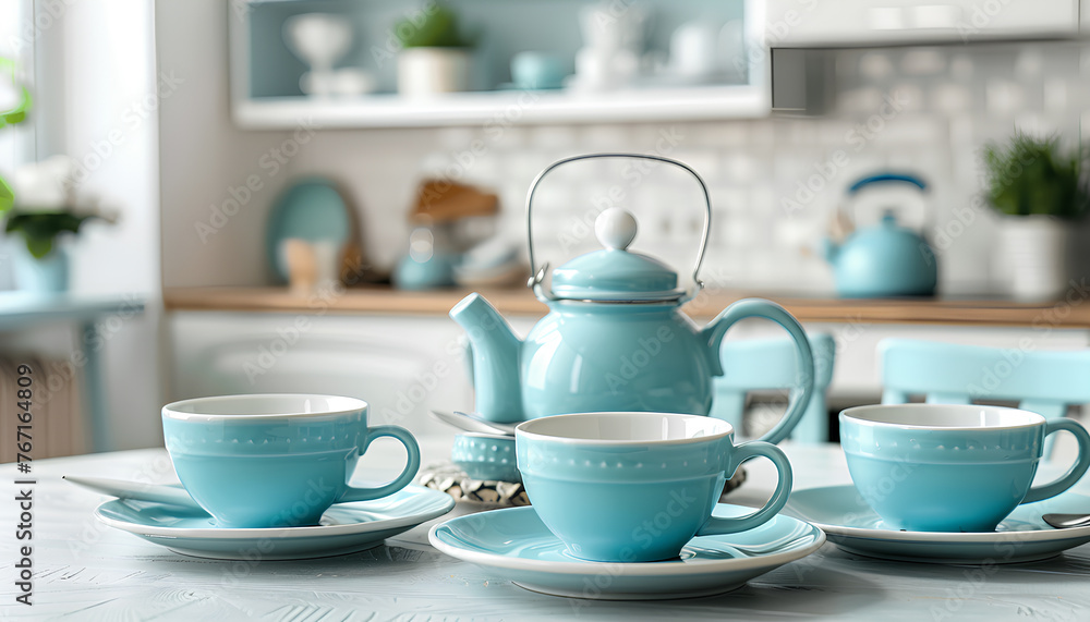 tea set of dishes on the kitchen table against the background of a white kitchen