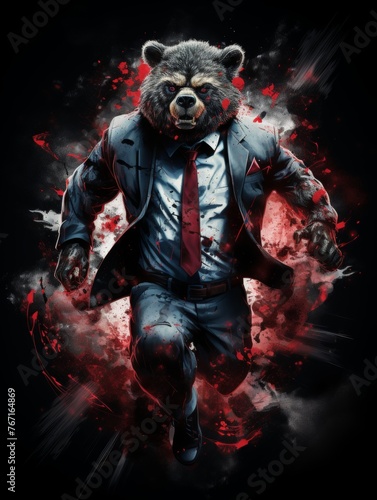 A bear is running with a red tie and a suit. Printable design for t-shirts © AW AI ART