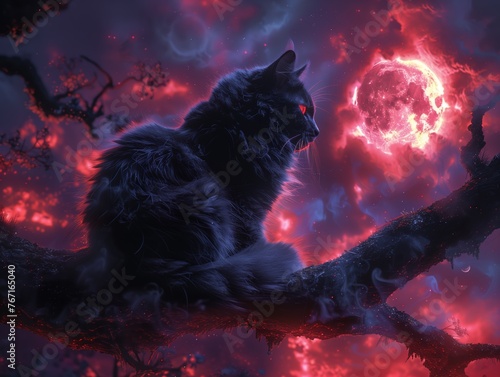 Dark academia gothic spooky cat in a magical glowing forest, full moon night