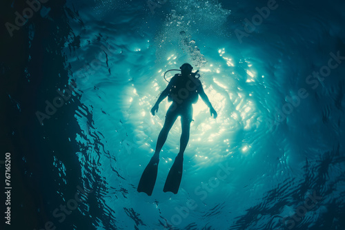 Scuba diver in diving gear underwater in blue sea. Active recreation during summer holidays