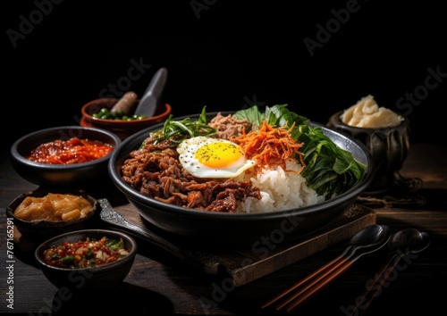 Spicy Korean beef bibimbap with vegetables and egg