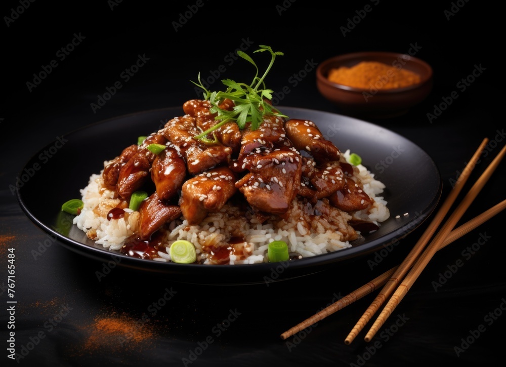 Succulent Chicken Teriyaki Over Steamed Rice Served on a Black Plate, Asian Cuisine