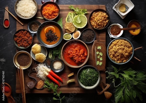 Assorted Asian cooking ingredients and spices layout