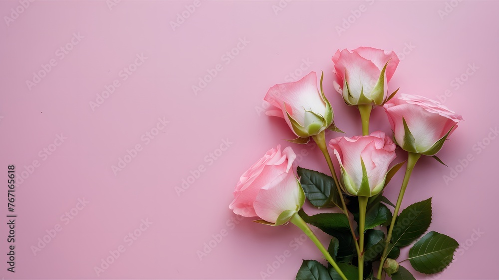 Flat lay copy space for holiday concept with pink roses Flat lay copy space for holiday concept with pink roses