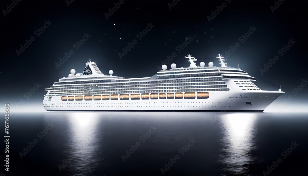 Obraz premium Luxury white cruise ship sailing in the evening sky traveling in serene waters. Flat illustration, customizable