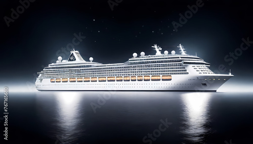 Luxury white cruise ship sailing in the evening sky traveling in serene waters. Flat illustration, customizable