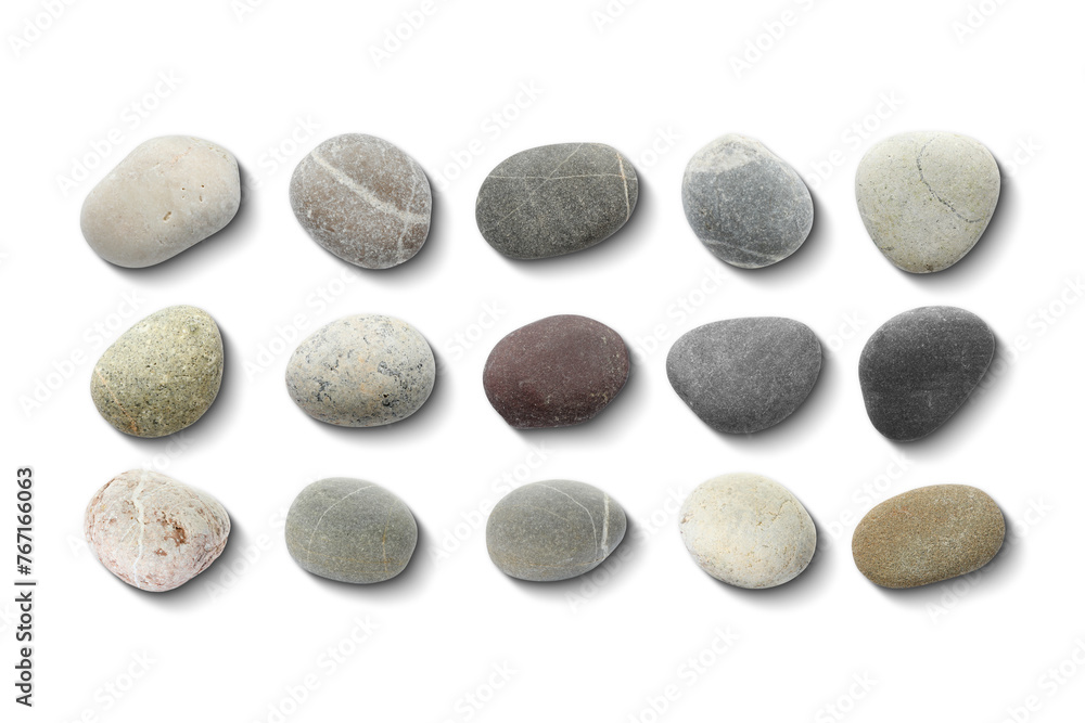 Sea pebbles. Different stones isolated on white, top view Sea pebbles. Different stones isolated on white, top view
