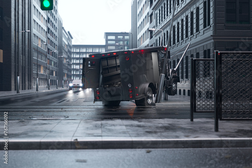 Overturned Delivery Truck in an Empty Urban Street Under Dark Clouds