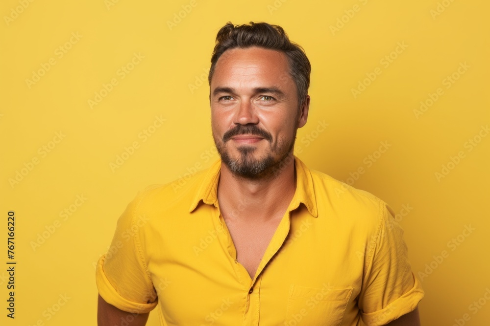 Portrait of a handsome bearded man in yellow shirt over yellow background Portrait of a handsome bearded man in yellow shirt over yellow background