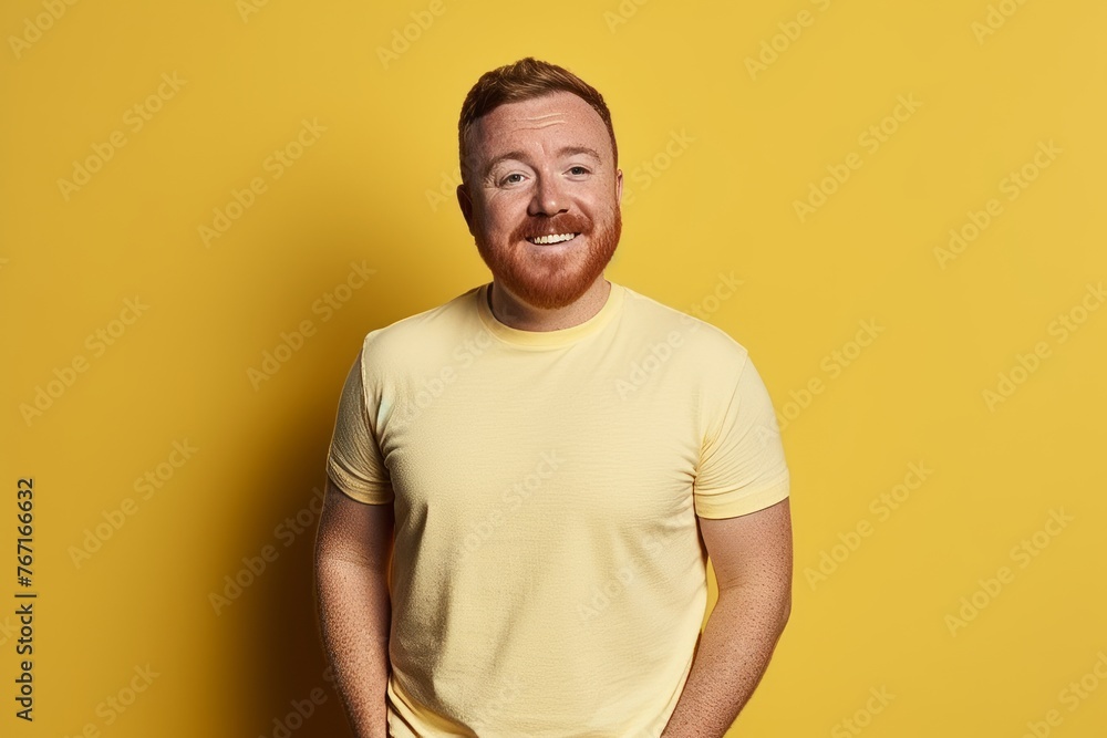 Portrait of a happy red-haired man in a yellow t-shirt on a yellow background Portrait of a happy red-haired man in a yellow t-shirt on a yellow background