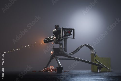 Futuristic Robot Manned Gatling Gun in Action: A Sci-Fi Military Concept photo