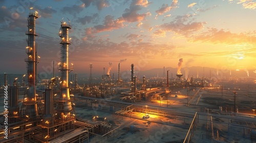 Oil refinery plant in sunrise, industrial zone with pipes and buildings at sunset.
