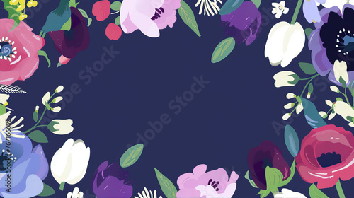 An enchanting floral frame with pastel flowers like peonies, roses and lilies in various shades of purple, pink and blue on the left side of a blank circle against a deep navy background. The design s