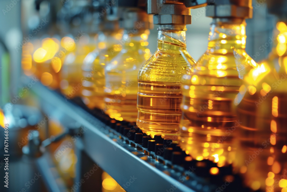 Conveyor belt production line with bottles of oil in factory manufacturing process concept Conveyor belt production line with bottles of oil in factory manufacturing process concept