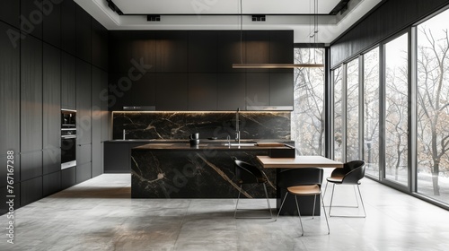 Wallpaper Mural Spacious modern minimalistic kitchen with loft elements with large panoramic windows. Dining area, t Torontodigital.ca