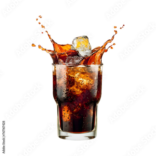 glass of cool cola splash with ice png isolated on transparent background