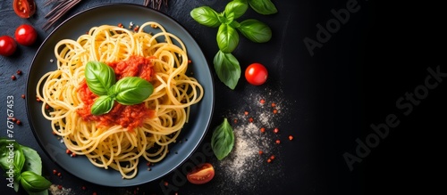 A plate of al dente spaghetti with tomato sauce and basil, a staple food in Italian cuisine, served on a table with tableware