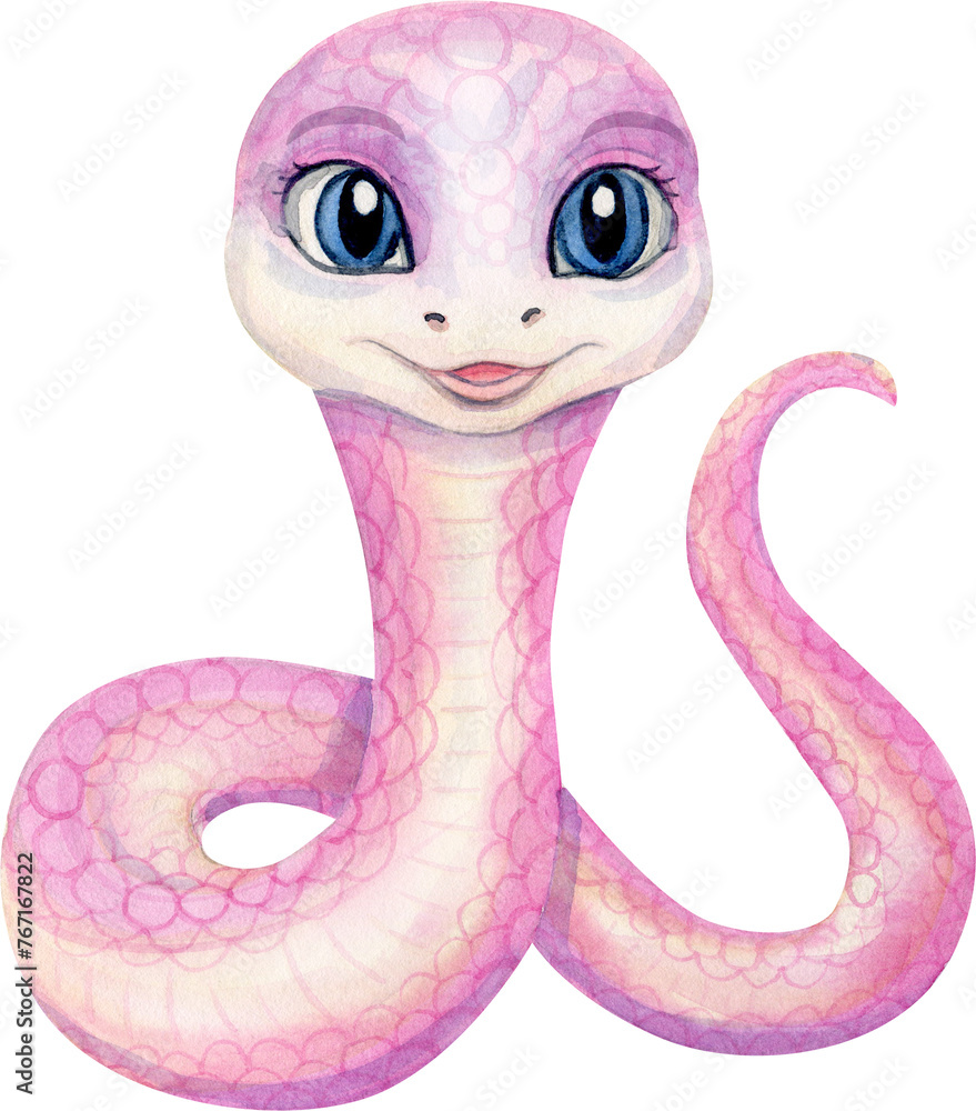 Fototapeta premium Hand Drawn Watercolor Illustration Of Cute Cartoon Snake