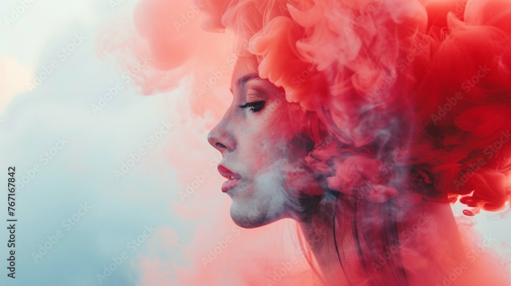 Double exposure woman and a cloud of red smoke