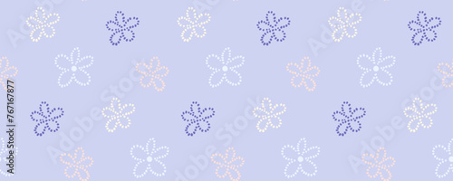 Beaded flowers pattern, seamless texture. Pastel blue naive ditsy floral retro vector background.