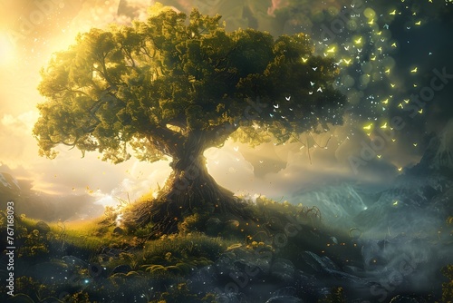 Enchanting Magical Tree in Mystical Fantasy Landscape with Glowing Lights and Ethereal Atmosphere