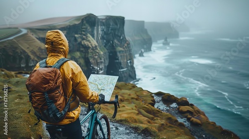 Man on a bicycle near the cliffs edge overlooking the ocean on a foggy day