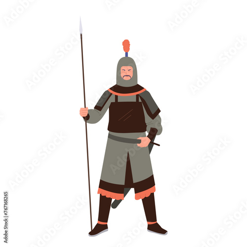 Ancient armored Chinese warrior with spear, imperial guardsman isolated on white background