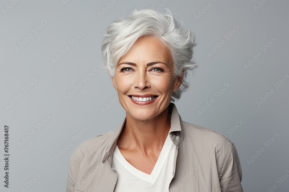 Portrait of happy senior businesswoman smiling at camera, over grey background Portrait of happy senior businesswoman smiling at camera, over grey background