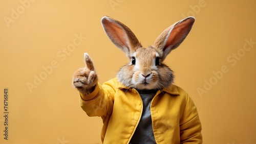 Funny rabbit in yellow jacket showing thumbs up on yellow background. © ASGraphics