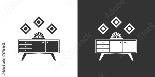 Furniture interior icon with cabinet. Black and white.