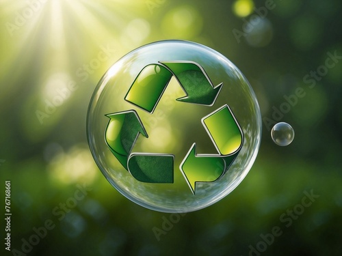 A bubble with green recycle symbol on blurred natural background. Eco-friendly recycling concept photo