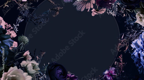 Fototapeta Naklejka Na Ścianę i Meble -  Black background with colorful flower's surrounding the edges of an empty circle, creating a frame for writing on it. The design includes various flower's such as roses and peonies in bright colors li