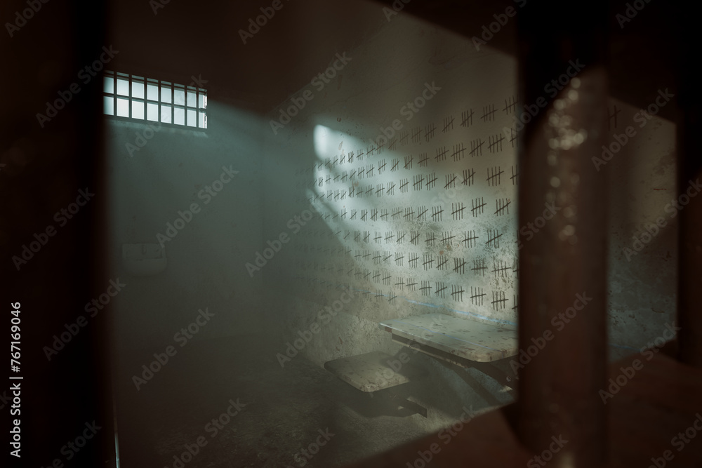 Fototapeta premium Abandoned Prison Cell: Sunlight Streaming Through Window on Tally Marks
