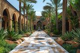 Beautiful eco hotel in lush oasis of a desert, traditional Arabian architecture surrounded by palm trees and greenery. Harmony between nature and innovations