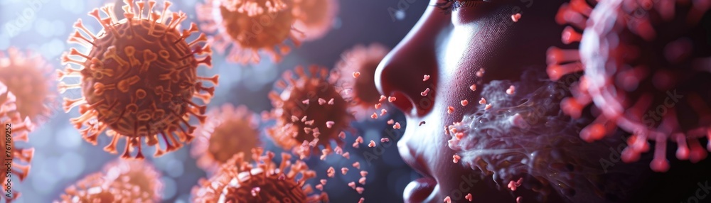 Dynamic illustration of a sneeze, showing the expulsion of viruses and bacteria from the human respiratory tract  3D illustration - obrazy, fototapety, plakaty 