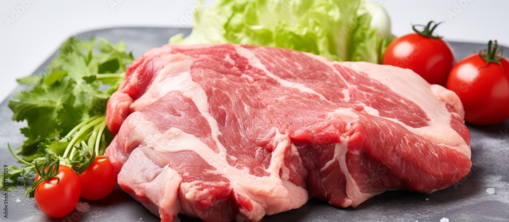 A piece of red meat, a natural animal product, is lying on a cutting board beside green lettuce and ripe tomatoes, ready to be used as an ingredient in a delicious pork dish recipe