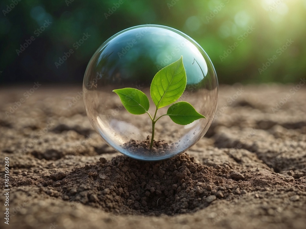 A bubble with small plant sprouting from the dry barren ground symbolizes hope and growth. Saving Earth and natural conservation concept. A bubble with small plant sprouting from the dry barren ground symbolizes hope and growth. Saving Earth and natural conservation concept.