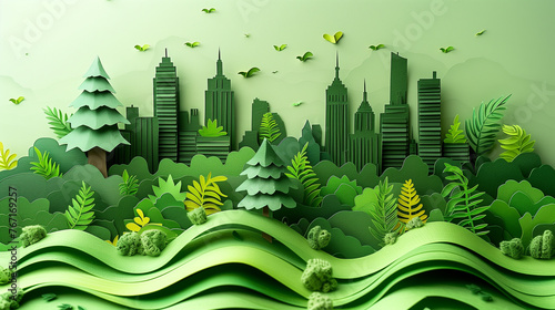 Green eco friendly city and urban forest landscape, paper cut.