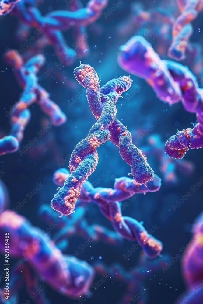 A serene scene of chromosomes floating in cellular space, emphasizing the harmony and balance within genetic systems 3D illustration A serene scene of chromosomes floating in cellular space, emphasizing the harmony and balance within genetic systems 3D illustration