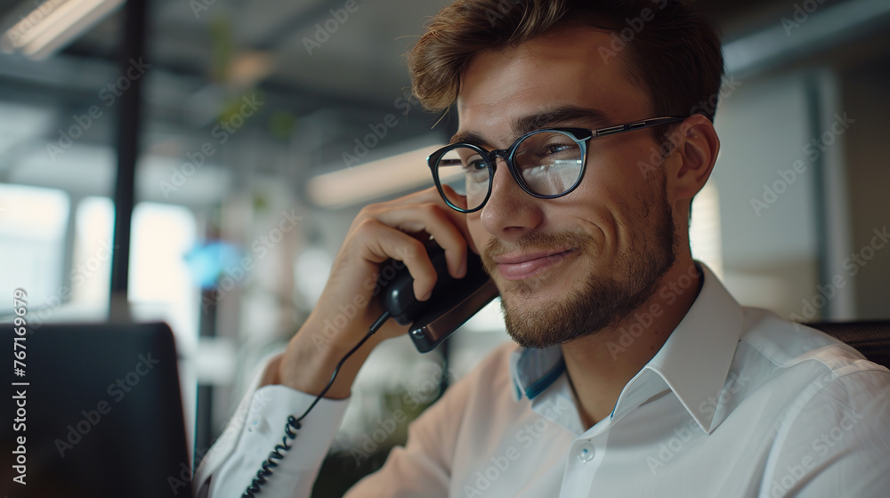 man talking on the phone, working, happy, office background man talking on the phone, working, happy, office background