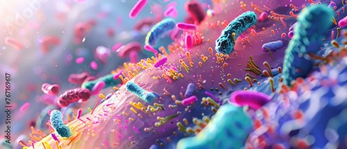 Artistic interpretation of the microbiome on human skin, showcasing a diverse ecosystem of bacteria coexisting peacefully 3D illustration