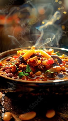 A bowl of neonlit chili, with steam rising and beans and meat vividly detailed