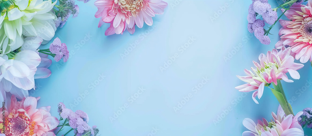 Fototapeta premium A floral frame on the left side of an empty blue background, colorful flowers in pastel colors, soft lighting, high resolution photography in the style of insanely detailed photography