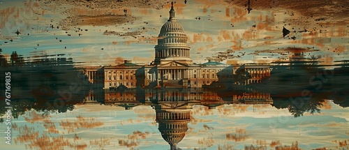 A capital building reflected in a pool of oil, symbolizing the pollution of politics by corrupt industries