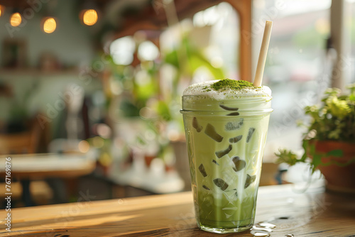A glass of refreshing iced green tea matcha latte placed on a wooden table, with warm and calming natural atmosphere, organic healthy, Generative AI