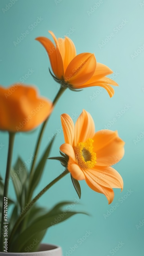Three orange flowers are in a vase on a blue background. The flowers are in full bloom and are the focal point of the image. The blue background adds a sense of calmness and serenity to the scene