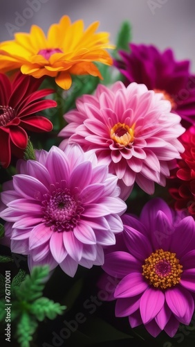 A colorful bouquet of flowers is arranged on a table. The flowers include a mix of pink  purple  and blue  with some orange flowers as well. The arrangement is vibrant and eye-catching